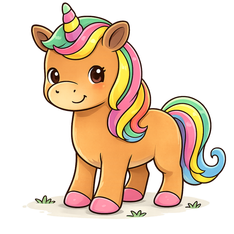 Ein niedliches, buntes Einhorn mit Regenbogen-Mähne und freundlichem Gesicht.