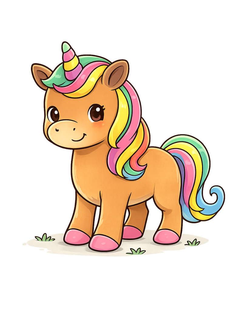 Ein niedliches Einhorn mit buntem, lockigem Fell und einem bunten Horn.