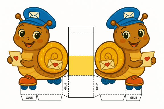 Ein niedlicher Schnecke in Uniform, die Briefe mit Herzen hält.