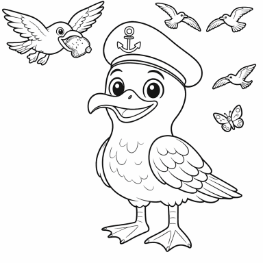 Seemöwe mit Kapitänsmütze, umgeben von Vögeln und Schmetterlingen.