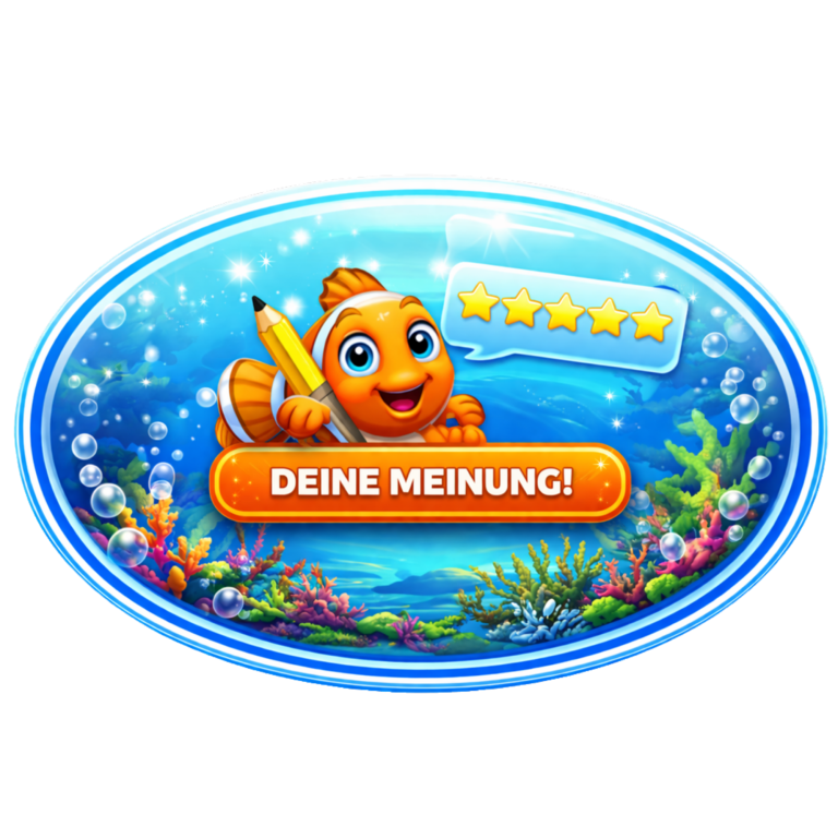 Deine Meinung! Schild mit dem Text "DEINE MEINUNG!" und einem lächelnden Fisch, umgeben von Wasser.