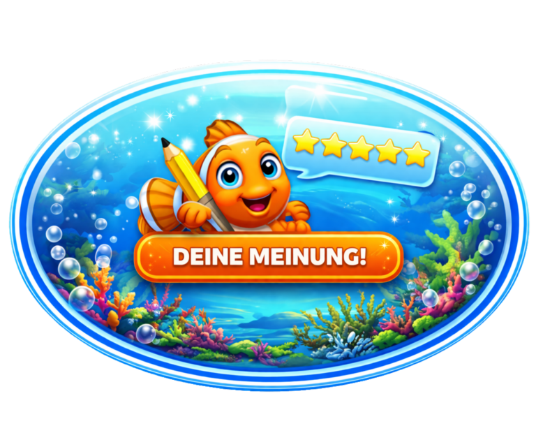 Süßer Fisch mit Bleistift und Aufforderung zur Bewertung in buntem Unterwasserhintergrund.
