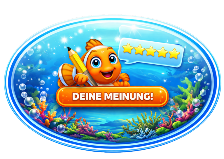 Bunter, animierter Fisch mit Notizblock und der Aufschrift „Deine Meinung!“ in einem Unterwasser-Setting.