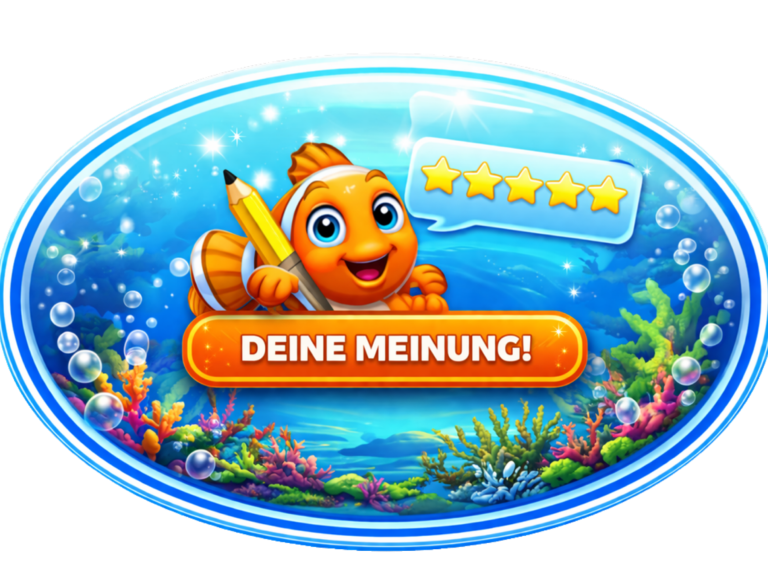 Süßer Fisch mit Bleistift und Aufforderung zur Bewertung in buntem Unterwasserhintergrund.