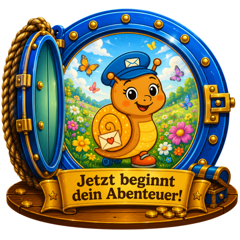 Jetzt beginnt Dein Abenteuer! Eine bunte Schnecke mit Brief, umgeben von Blumen, mit dem Text "Jetzt beginnt dein Abenteuer!"