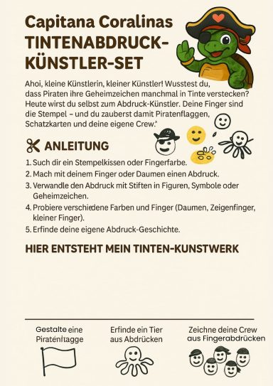 Anleitung für ein Tintentabdruck-Künstler-Set mit einem cartoonhaften Schildkrötenmaskottchen.