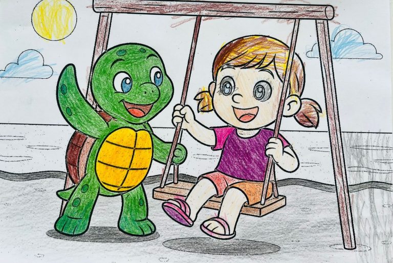 Ein Mädchen schwingt fröhlich auf einer Schaukel mit einer freundlichen Schildkröte.