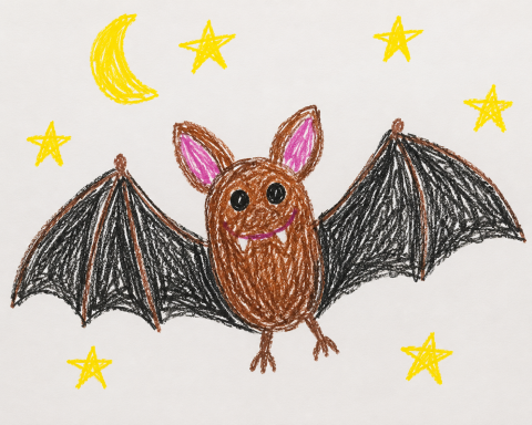 Braunfledermaus mit großen Ohren und Sternen, umgeben von einem Halbmond.