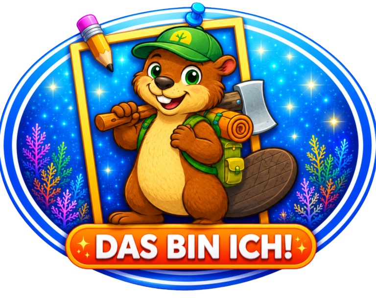 Holzi Ein Cartoon-Biber mit Rucksack, Axt und Stift vor einem bunten Hintergrund.