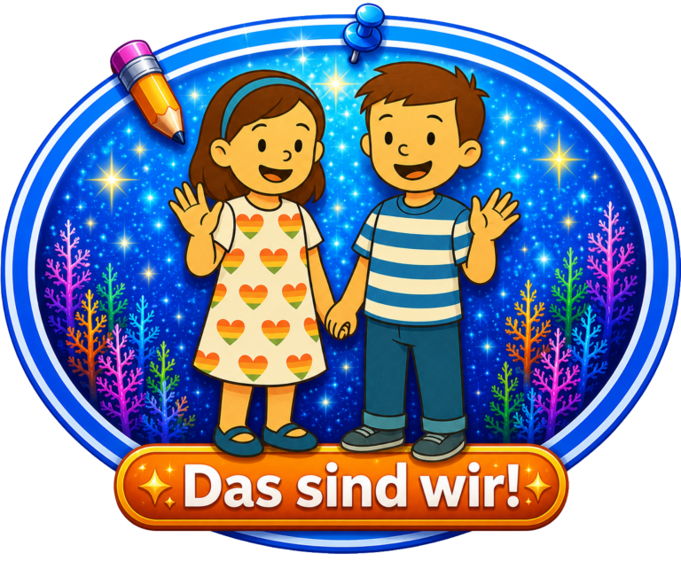 Das sind wir! Zwei Kinder, ein Mädchen und ein Junge, halten Händchen und winken fröhlich.