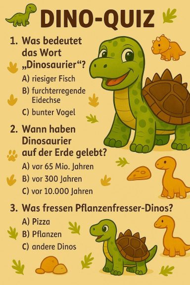 Dino-Quiz mit Fragen zu Dinosauriern und ihren Eigenschaften in buntem Design.