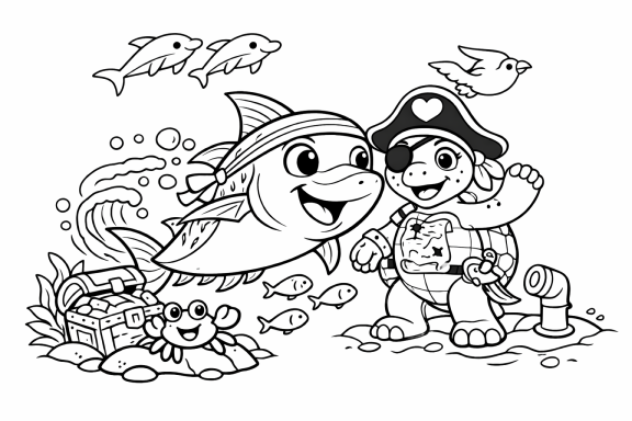 Ein Pirat und ein freundlicher Fisch mit Schätzen und anderen Meeresbewohnern.