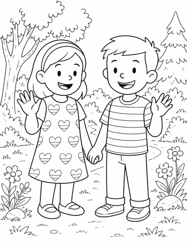 Zwei Kinder stehen Hand in Hand und winken, umgeben von Bäumen und Blumen.