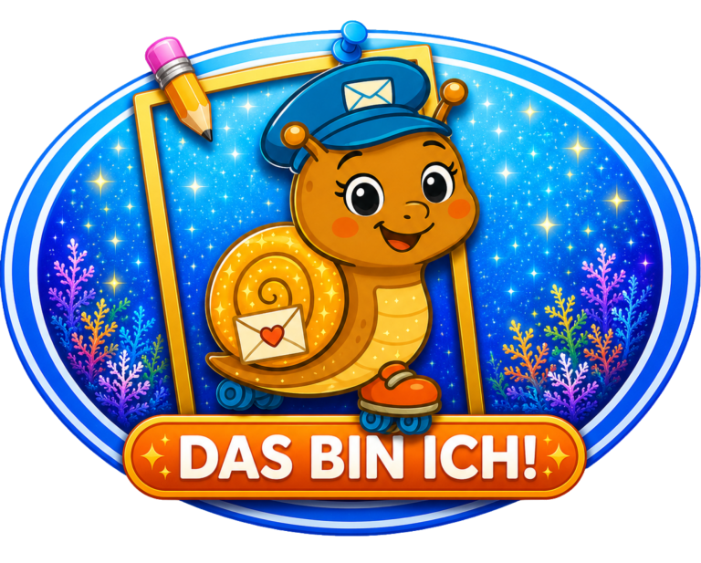 Pia Post Eine fröhliche Schnecke in Uniform mit Brief und Text „DAS BIN ICH!“ umgeben von bunten Pflanzen.