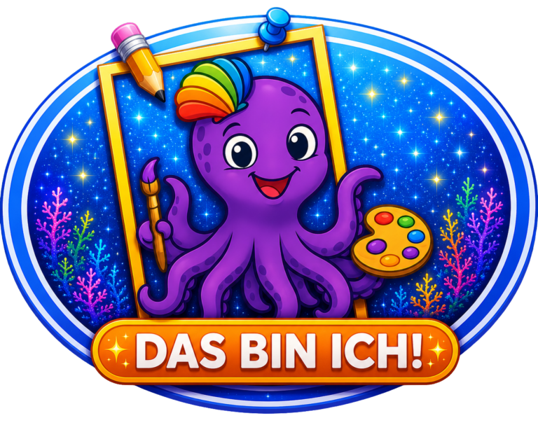 Bunte Grafik mit dem Text "DAS BIN ICH!" in einem ovalen Rahmen.