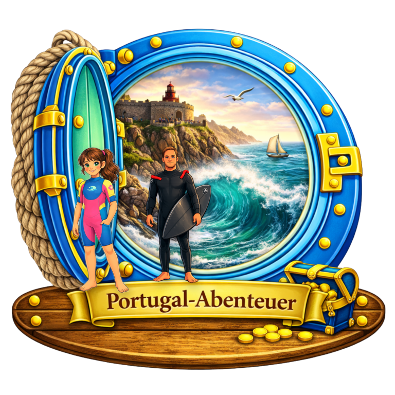 Bunte Illustration eines Schiffsportals mit Meereslandschaft und Abenteuer-Thema.