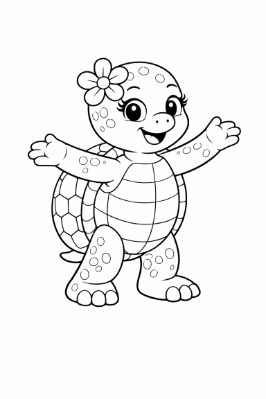 Eine freundliche, lächelnde Schildkröte mit einer Blume im Haar, die die Arme ausbreitet.