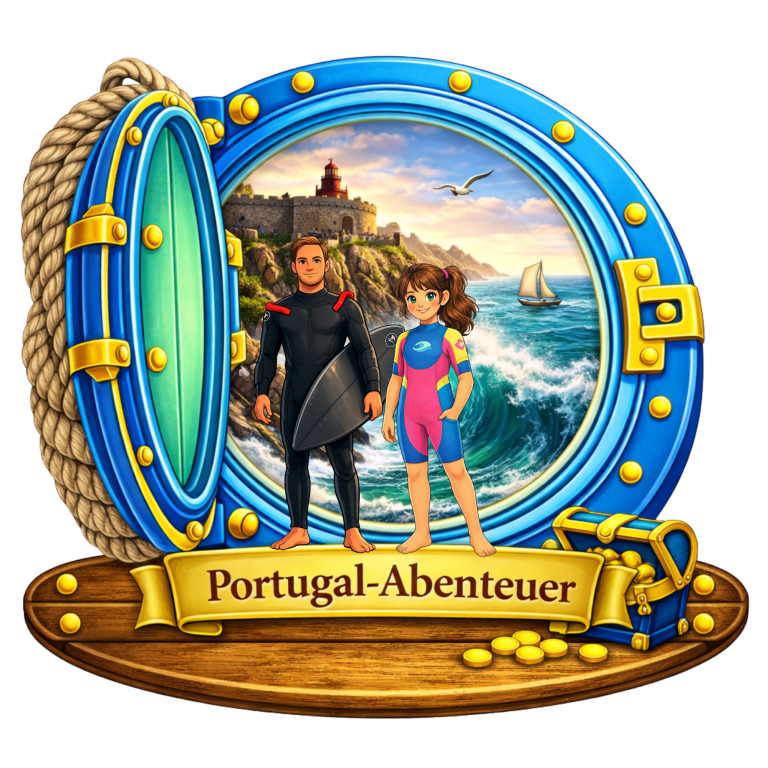 Bunte Illustration eines Schiffsportals mit Meereslandschaft und Abenteuer-Thema.