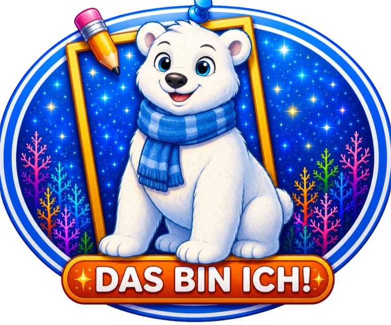 Text "DAS BIN ICH!" in einem bunten, glitzernden Rahmen mit einem Bleistift.
