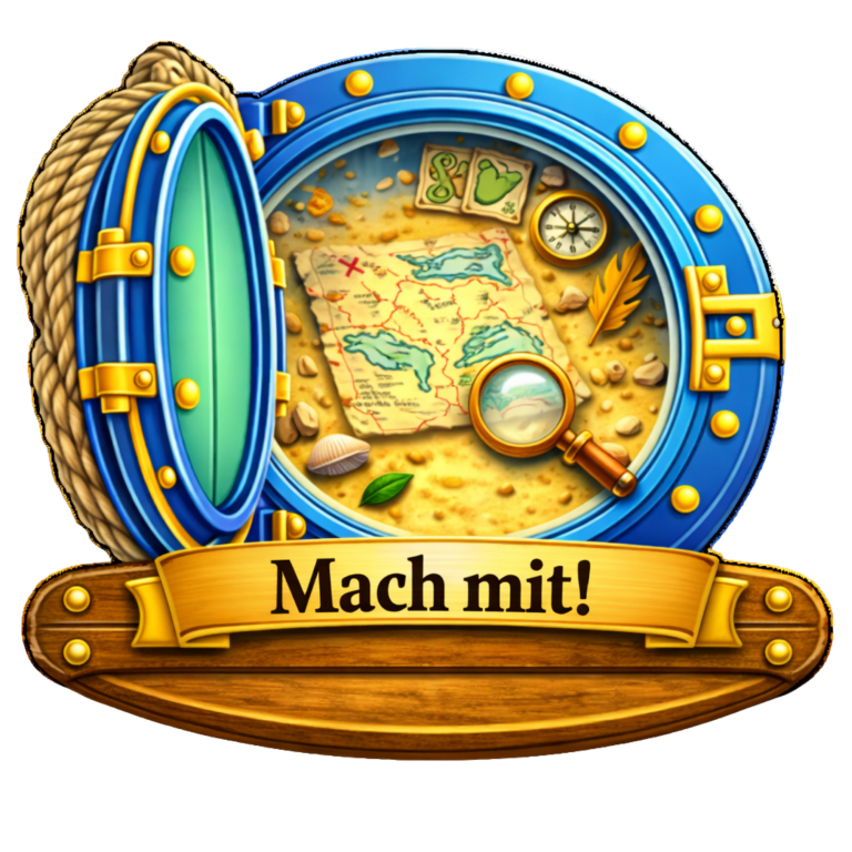 Ein blauer Kompass mit einer Schatzkarte und der Aufschrift "Mitmachen und Entdecken".