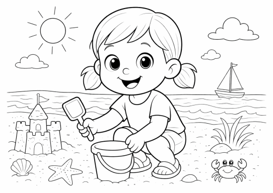 Ein Mädchen baut eine Sandburg am Strand und hält einen Eimer mit einer Schaufel.