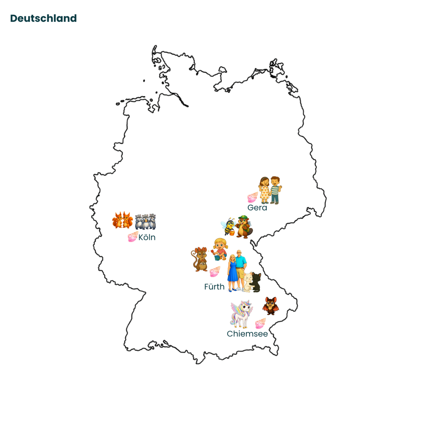 Karte von Deutschland mit cartoonhaften Figuren und Symbolen in verschiedenen Regionen.