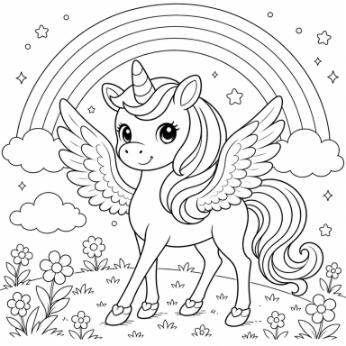 Pino, das magische Einhorn Ein einhörniges Pferd mit Flügeln steht vor einem Regenbogen und Wolken.