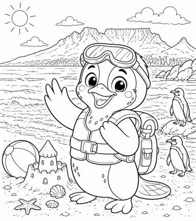 Ein fröhlicher Vogel in Schwimmweste am Strand mit Sandburg und Pinguinen im Hintergrund.