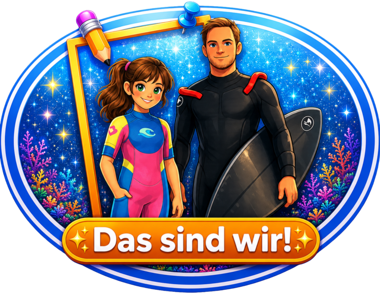 Tiago & Amira Junge und Mädchen in Surfer-Outfits vor buntem, unter Wasser inspiriertem Hintergrund.