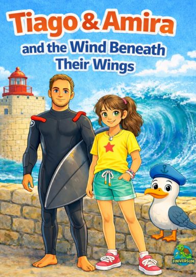 Tiago und Amira stehen am Strand, umgeben von Wellen und einem einer Möwe. Englische Variante.