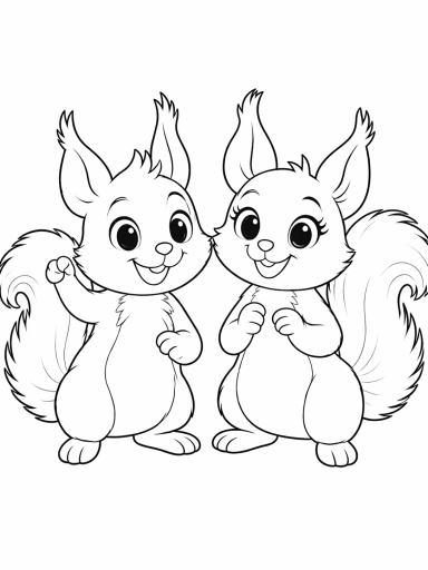 Ausmalbild von Eichi & Emma Ausmalbild zweier fröhlicher Eichhörnchen, die nebeneinander stehen und lächeln.