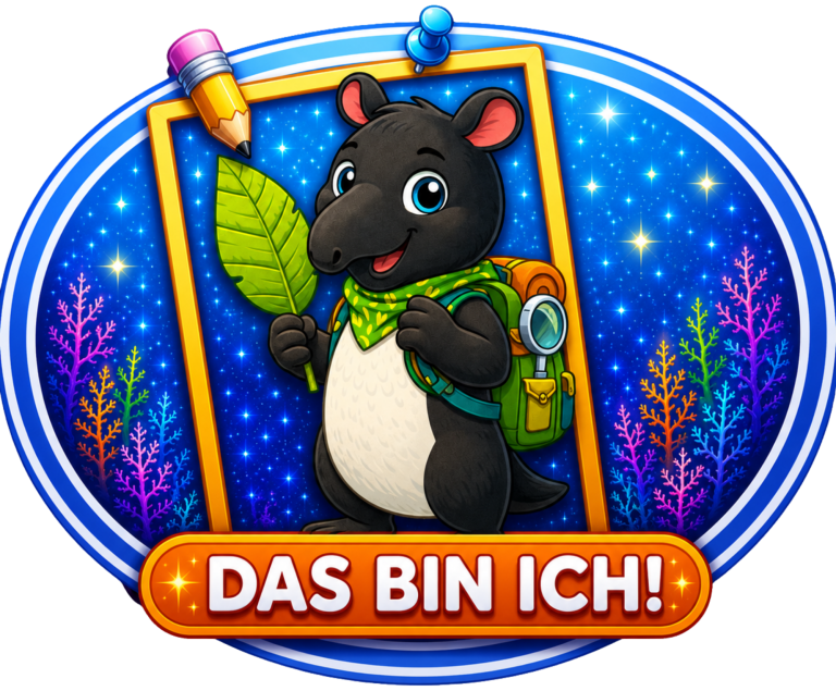 Ein schwarzes Tier mit Rucksack hält ein Blatt und lächelt, umgeben von bunten Mustern.