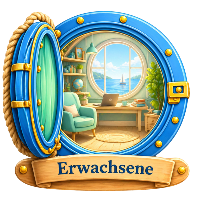 Runder blauer Hafenblick mit Schreibtisch, Stuhl und Pflanzen im Hintergrund.