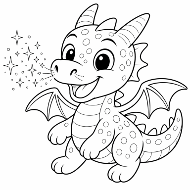 Ein fröhlicher, gepunkteter Drache mit Flügeln, der Funken sprüht.