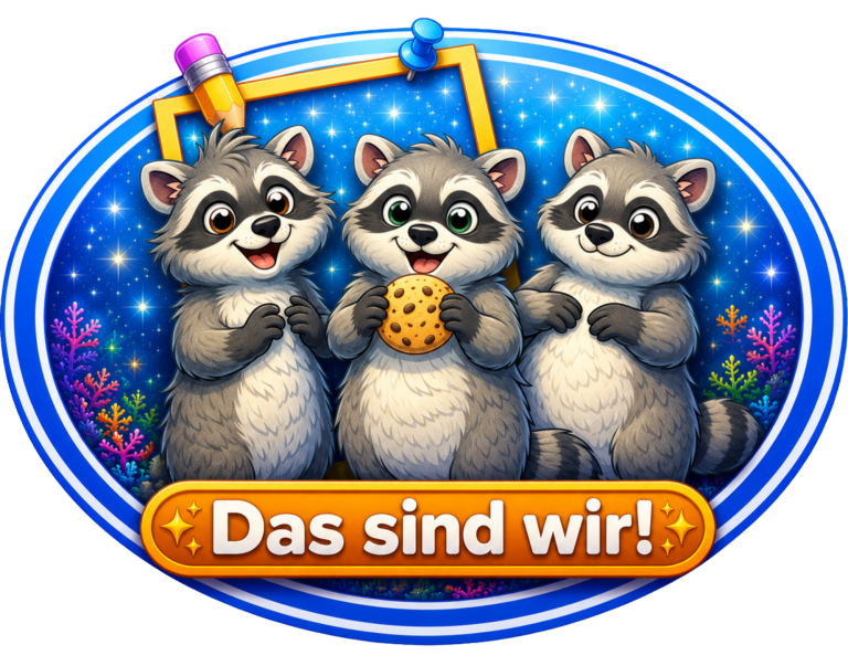 Drei niedliche Waschbären mit Keksen vor einem bunten, glitzernden Hintergrund.