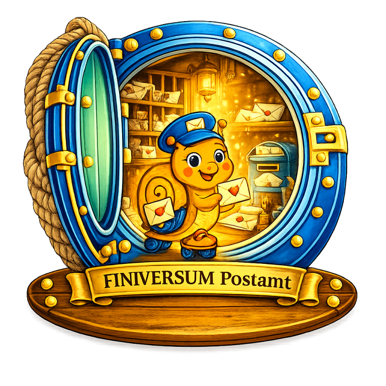 Ein lustiger Schnecke in einem Briefkasten mit Briefen und dem Schriftzug "FINIVERSUM Postamt".
