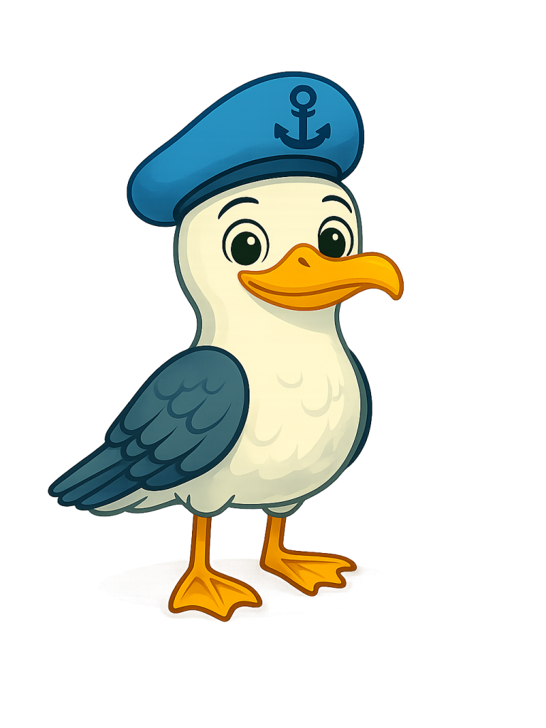 Eine cartoonhafte Möwe in einer blauen Kapitänsmütze mit Anker.