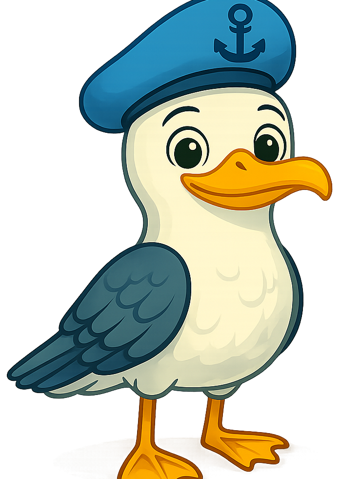 Eine cartoonhafte Möwe in einem blauen Kapitänshut mit Anker.