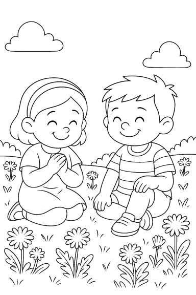 Zwei lächelnde Kinder sitzen vor Blumen und Wolken in einer fröhlichen Szene.