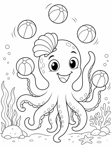 Ein niedlicher Oktopus jongliert mit Wasserbällen unter Wasser.