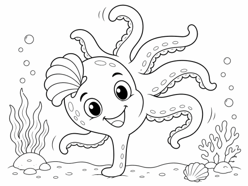 Ein freundlicher Oktopus mit lächelndem Gesicht, umgeben von Korallen und Pflanzen.