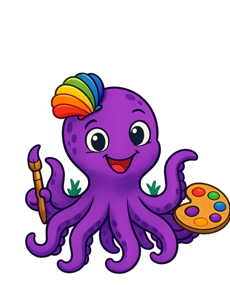 Lila niedliche Krake mit buntem Hut, Pinsel und Palettenfarbe.