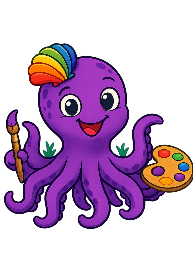 Ein fröhlicher lila Oktopus mit einem Pinsel und einer Farbpalette, trägt einen Regenbogen-Hut.
