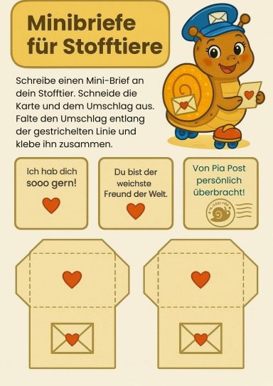 Bunte Illustration eines freundlichen Schneckencharakters mit Briefen und Umschlägen.