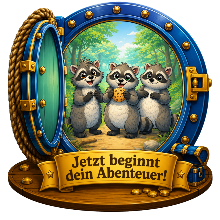 Drei Waschbären stehen vor einer grünen Waldlandschaft mit einem Portal.
