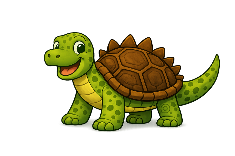 Eine fröhliche, grüne Schildkröte mit stacheliger Panzer und großen Augen.