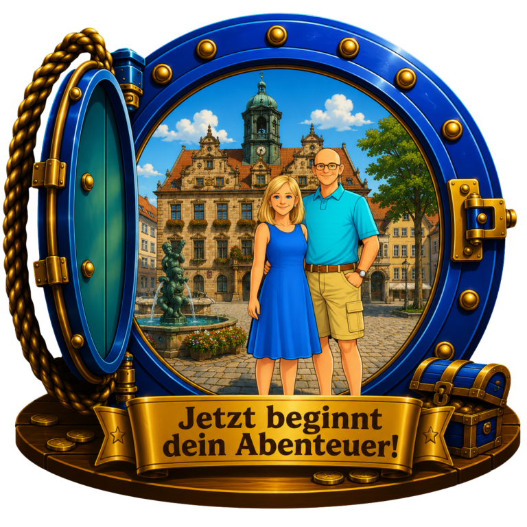 Paar steht vor einer historischen Stadtszene mit der Aufschrift „Jetzt beginnt dein Abenteuer!“