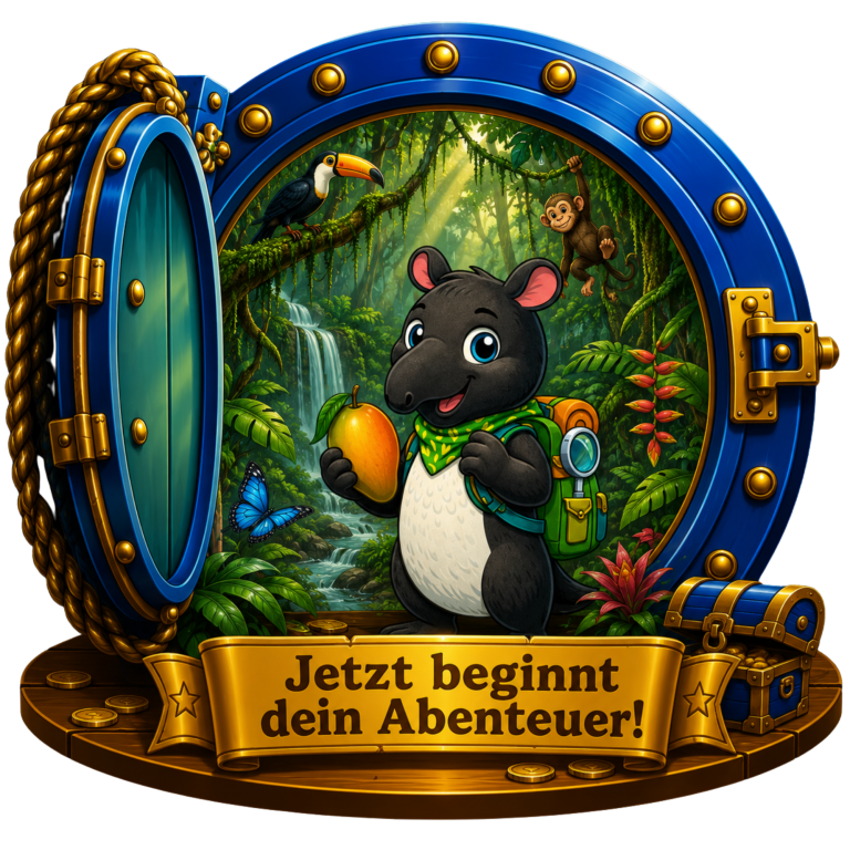 Ein Tapir mit Rucksack steht vor einer bunten Dschungelszene und einer Schatzkiste.