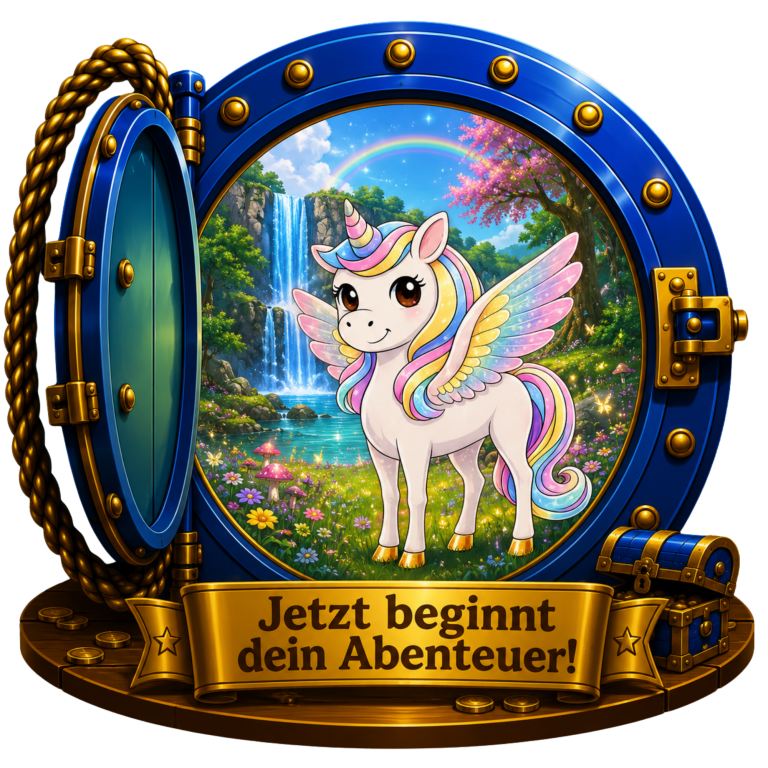 Ein Einhorn mit Flügeln vor einem Wasserfall. Text: "Jetzt beginnt dein Abenteuer!"