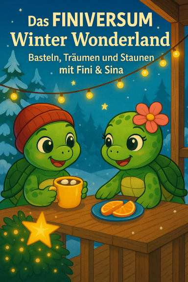 Fini und Sina, die Schildkröten in Winterkleidung, mit Getränken und Lichtern dekoriert.